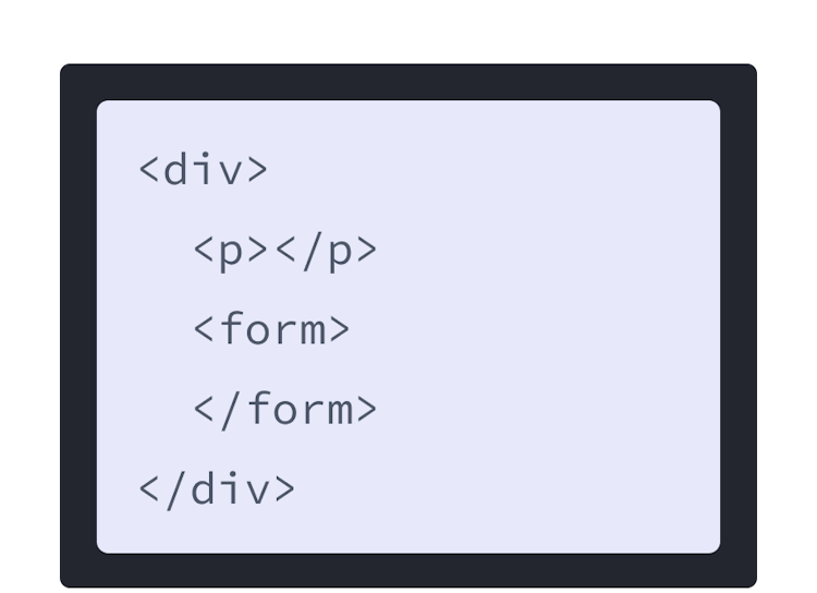 紫の背景の HTML マークアップ。p と form の 2 つの子タグを含んでいる。