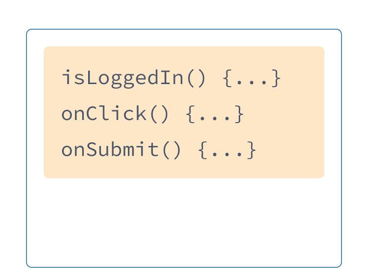 黄色の背景に 3 つの JavaScript のハンドラ。onSubmit, onLogin, onClick の 3 つ。